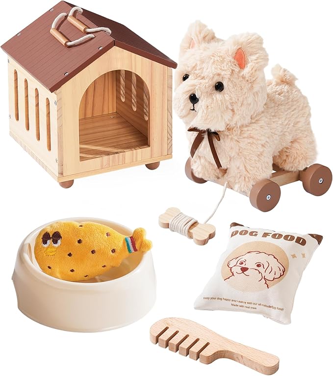 ROBOTIME Pull Dog Toy for Toddlers, Puppy Pet Care Pretend Play Set with Stuffed Animal, Dog House & Accessories, Walking Pull Along Toy, Educational Plush Gift for Boys and Girls