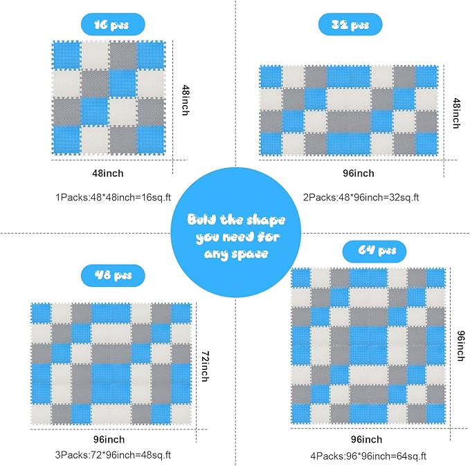 Shihanee Foam Floor Baby Tiles Foam Floor Mats Play Mats Bulk with Borders Interlocking for Kids Baby Playroom Nursery Gym (White, Gray, Blue,64ft)