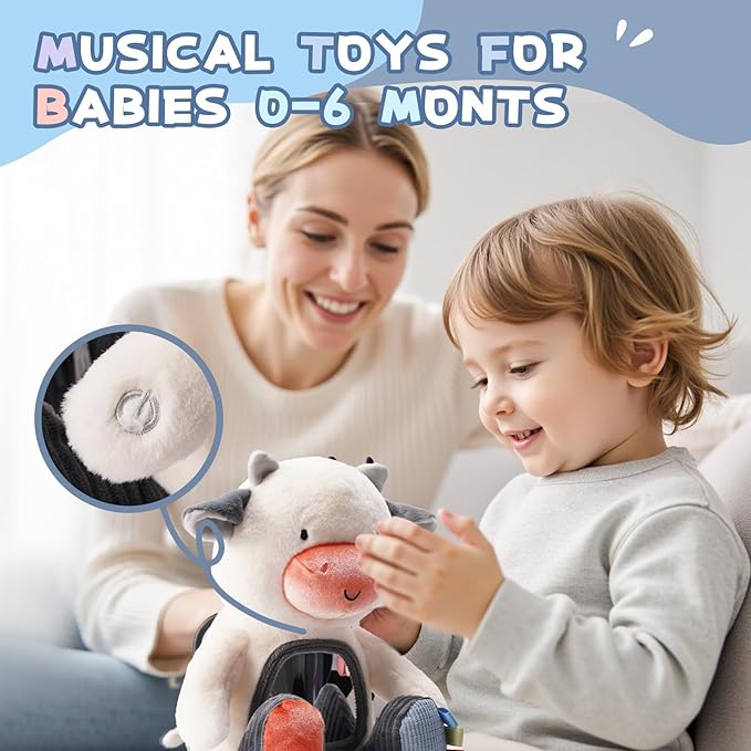 Koty Musical Tummy Time Toy,Baby Mirror Toy 3 Years Old, Infant Sensory Toy with Crinkle Sounds, Textures, Mirror & Melody Music Box for Tummy Time and Self-Discovery (White Cow)