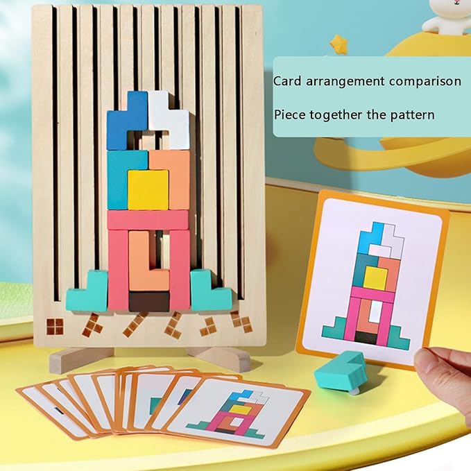 Montessori Brain Blocks, Colored 3D Wooden Russian Puzzle, Develops Logic & Spatial Reasoning, Wooden Stacking Puzzle Giant Board Game, Open-Ended Play Thinking for Boys and Girls (A)