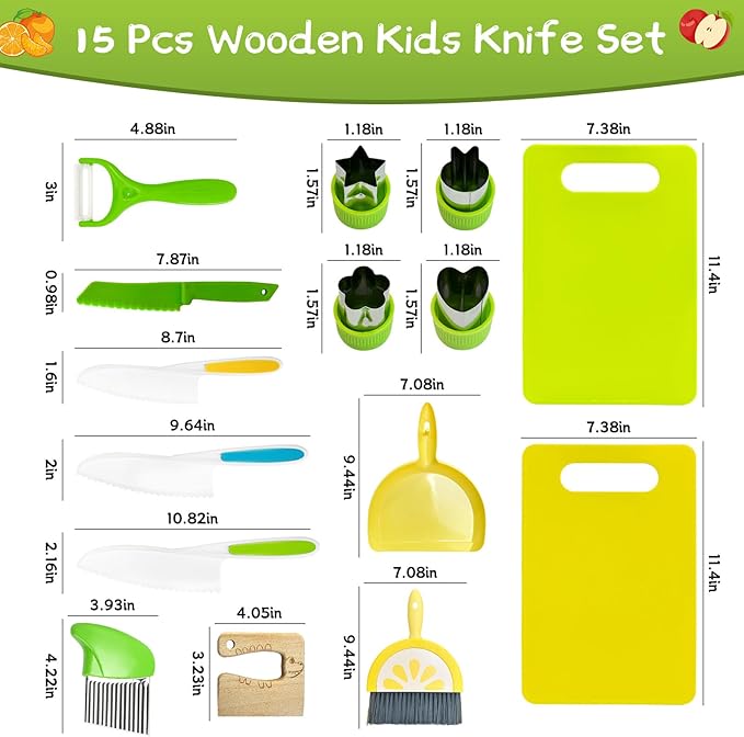Chanking 15 Pieces Kids Safe Knife Set for Real Cooking Child-Friendly Plastic Chef Tools Montessori Kitchen Toys for Toddlers with Bright Colors Gifts for Boys and Girls
