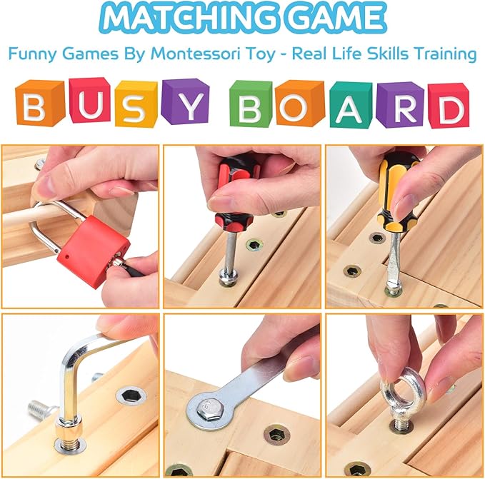 Screwdriver Board-Montessori Toy Lock and Key Toy Set for Kids, Storage Wooden Tools Preschool Sensory Toys for 3 +Year Old