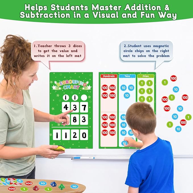 Magnetic Regrouping Math Base Ten Place Value, 2025 New Upgraded Addition & Subtraction Math Manipulatives Dry Erase Whiteboard for Kids 1st 2nd 3rd Grade, Math Games Homeschool Classroom Must Haves