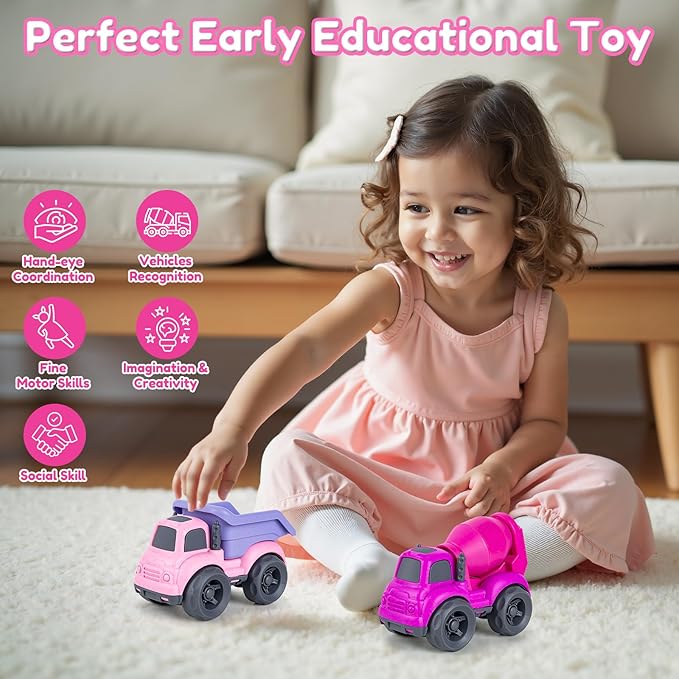 Dump Truck Toys for 3 Year Old Boys, BPA Free, Phthalates Free, PVC, Dump Truck, Mixer Cement, Easter Christmas Birthday Gifts for 2 3 4 Year Boy Girl. Dishwasher Safe,Recycled Plastic (Pink)
