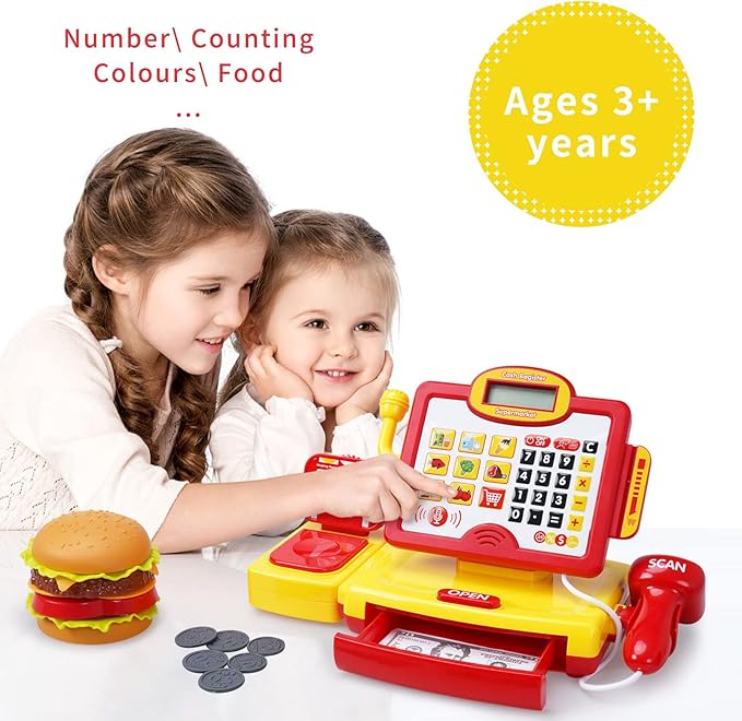FS Toy Cash Register for Kids, with True Barcode Scanner & Calculator Toys, Pretend Play for Toddlers 3-5, Shopping Playset, Kids Cash Register with Credit Card for Boys and Girls