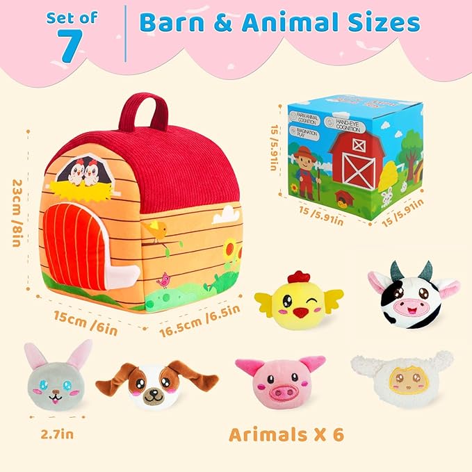 RedCrab Farm Animal Baby Toys for 6-12 Months, Soft Barn with 6PCS Stuffed Farm Animals, Rattle, Crinkle, Mirror, Sensory Toys for 6-12 Months, Montessori Toy Gift for Infants & Toddlers Birthday
