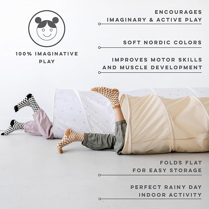 3 Sprouts Kids Play Tunnel - Pop Up Collapsible Tunnels with Recycled Fabric - Fun Crawling Tunnel for Toddler, Baby, Children to Crawl Through, Gross Motor Toy for Indoor Play - Blueberry Ivory