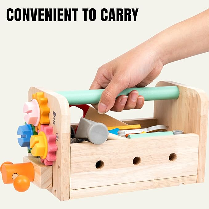 Kids Tool Set – 35 Pieces Wooden Toddler Tool with Box – Montessori STEM Educational Pretend Play Construction Toy for 3 to 13 Year Old Boys Girls – Best Birthday Gift