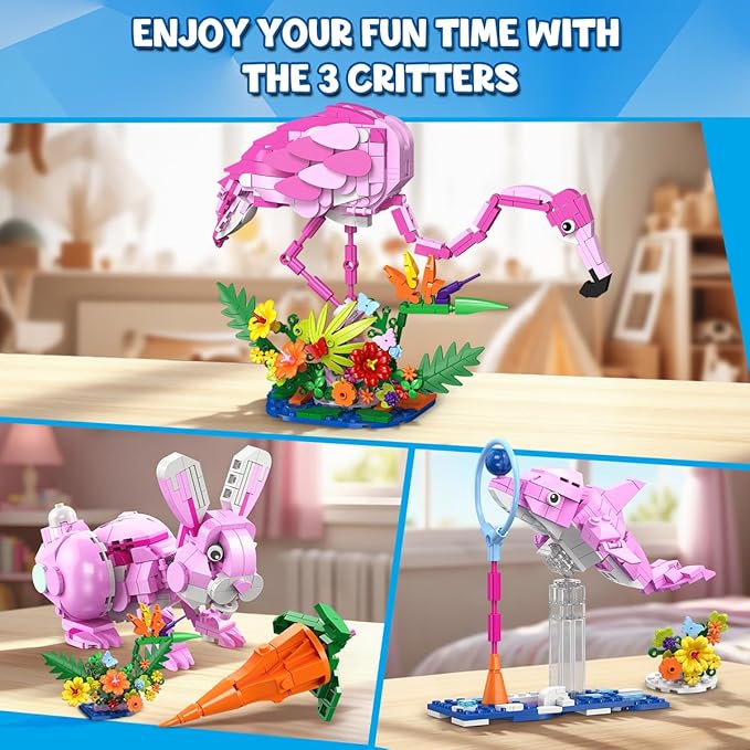 HOGOKIDS 3 in 1 Pink Flamingo Building Set with Flowers, Animal Figure with 3 Building Options - Flamingo, Bunny, or Dolphin, 558PCS Creative Easter Birthday Gift, Learning Toy for Kid Girl Boy Age 6+