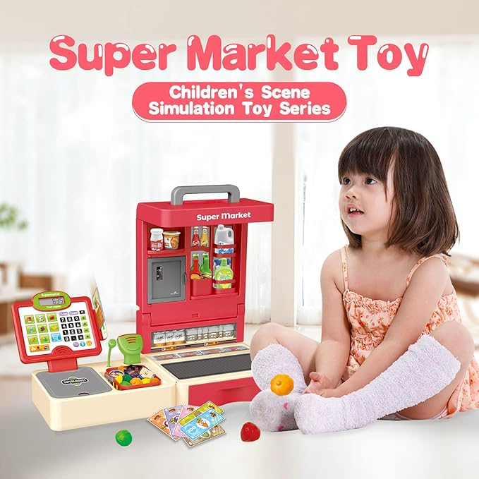 RedCrab Cash Register Toy for Kids,Toddler Store Pretend Plays Supermarket Calculator Cash Register Gift with Scanner, Play Money, Play Food for Boys & Girls