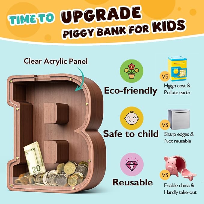 Summidate Wooden Letter Piggy Bank, Extra Thick Large Capacity Piggy Bank for Kids Boys Girls Toddler, Alphabet B Money Bank| Coin Box Birthday, Christmas, Festival
