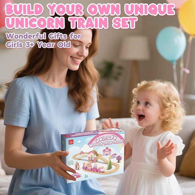 Lehoo Castle Wooden Train Set, Train Set for Toddlers 2-4, Wooden Train Track for Girls, Unicorn Toys for Girls Age 4-6, Toys for 3 4 5 6 Year Old Girl