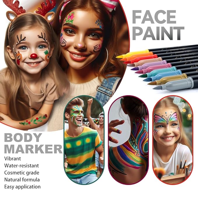 Transon 10 colors Face Painting Marker for Halloween and Makeup Parties Temporary tattoo Painting Body Painting with Brush Tip Including Stencil Stickers