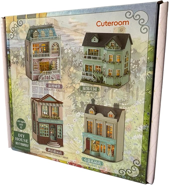DIY Miniature House Kit, CUTEROOM Wooden Dollhouse Kit Mini House Making Kit with Furnitures, DIY Dollhouse Kit Birthday Gift for Women and Girls (Gift Shop)