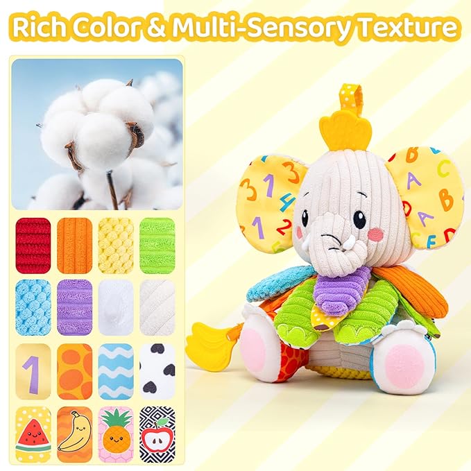 Baby Toys 3-6 Months, Musical Stuffed Elephant Toddler Toy for Newborn Infant 3 6 9 12 Months, Tummy Time Toys Montessori Sensory Toys 0-6 6-12 Months, Crinkle Paper, Mirror Soothing Music Shower Gift