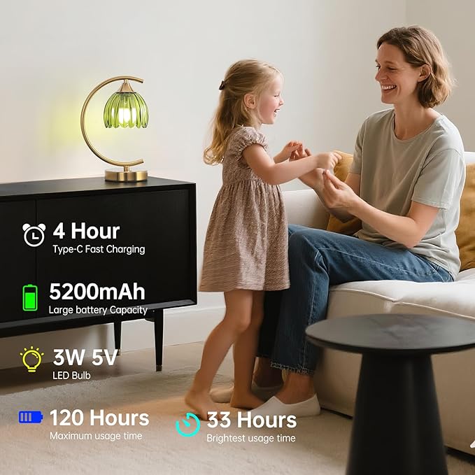 Cordless Table Lamp with 5200mAh Battery & Touch Control - 3 Adjustable Color Temperatures Bulb, Rechargeable Small Table Lamps for Living Room, Bedroom, Office Desk, Nightstand (Green Tulip)
