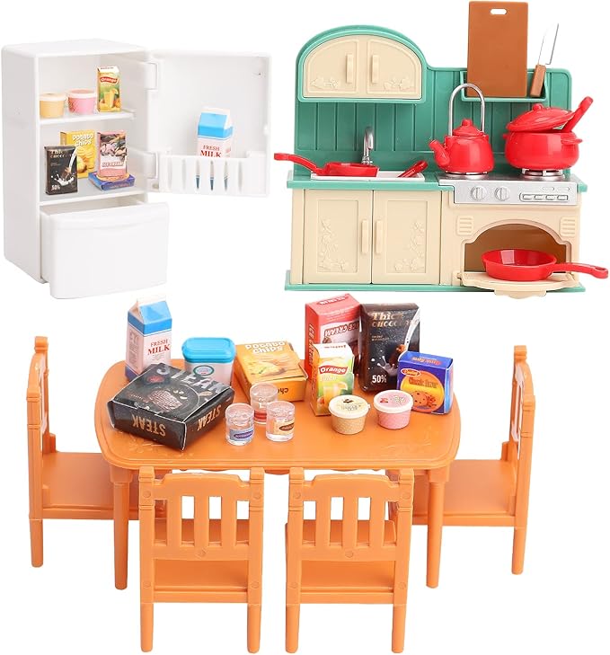 Dollhouse Furniture Set for Kids Toys Miniature Doll House Accessories Pretend Play Toys for Boys Girls & Toddlers Age 3+ with Kitchen