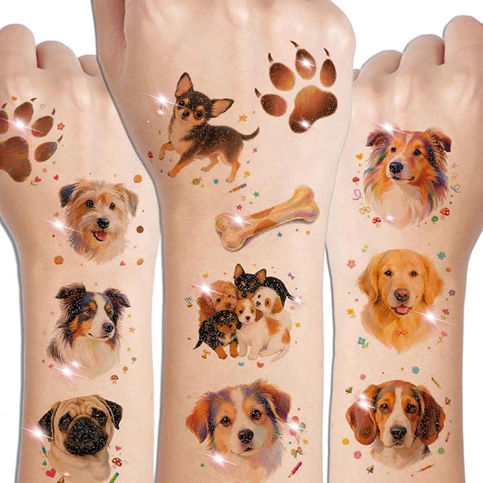 Glitter Dog Temporary Tattoos for Kids - 74 Individually Sheets | Waterproof & Easy Peel | Perfect for Kids Birthday Party Supplies, Dog Lovers, School Rewards