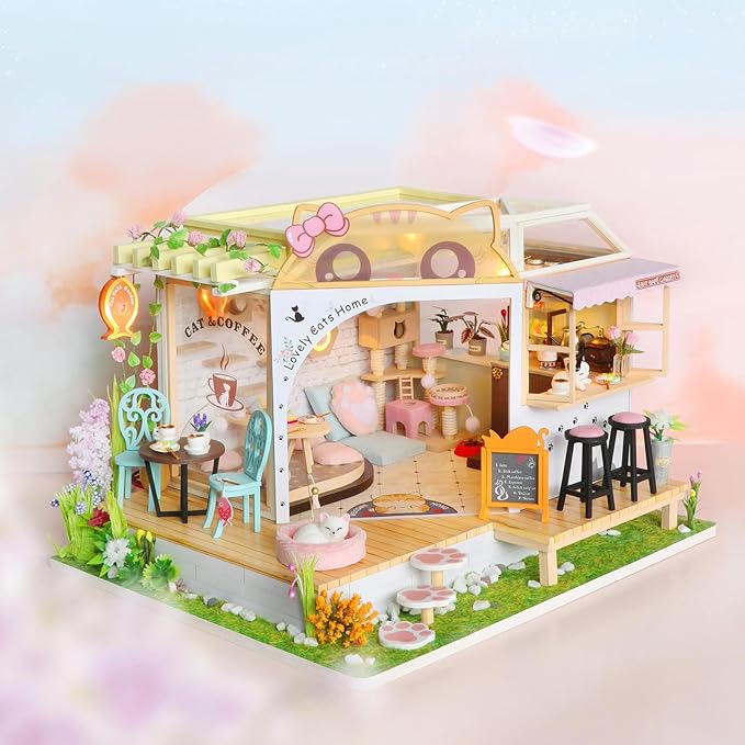 CUTEROOM DIY Miniature House Kit- Lovely Cats House, Tiny Dollhouse Wooden Furniture Kit, Mini DIY Craft Kits Creative Room for Christmas Decoration Family Friends