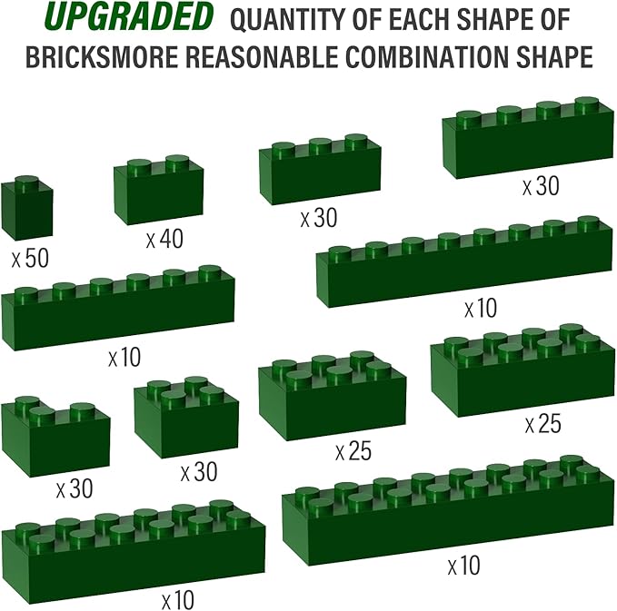 300 Piece Green Bricks Bulk Assortment Pack, Brick Accessories for Building with 12 Size, Compatible with Lego Parts and Pieces
