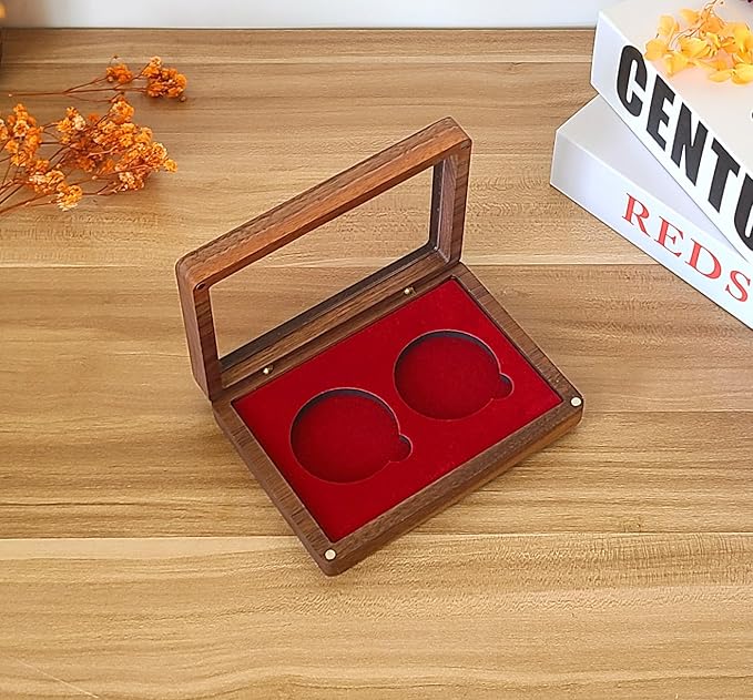 Challenge Coin Display Case Single Coin Display Box Two 1.81" Coin Holder Walnut Wood Coin Box Silver Dollar Coins Storage Box, Coins for Collectors with DIY Adjustable Gasket