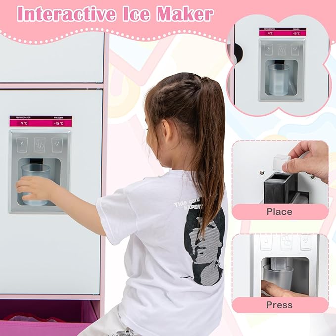 Costzon 2-in-1 Kids Kitchen Playset & Grocery Store, Double-Sided Pretend Play Kitchen with Light & Sound, Ice Maker, Sink & Faucet, 82 Accessories, Toddler Market Stand for Boys Girls Ages 3+
