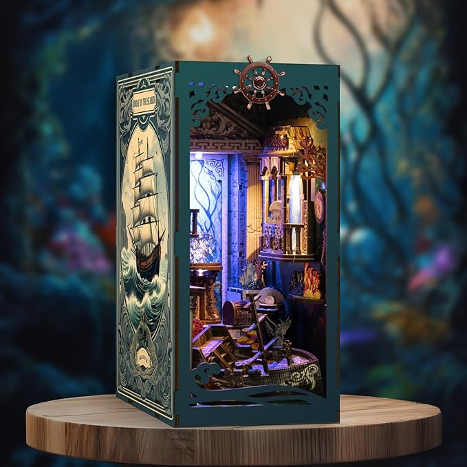 Book Nook Kit - DIY Miniature Dolls House Kit with Furniture and LED Light, 3D Puzzle Wooden Art Bookends, Model Kits for for Adults and Teens (Deep Sea Secret Shadow)