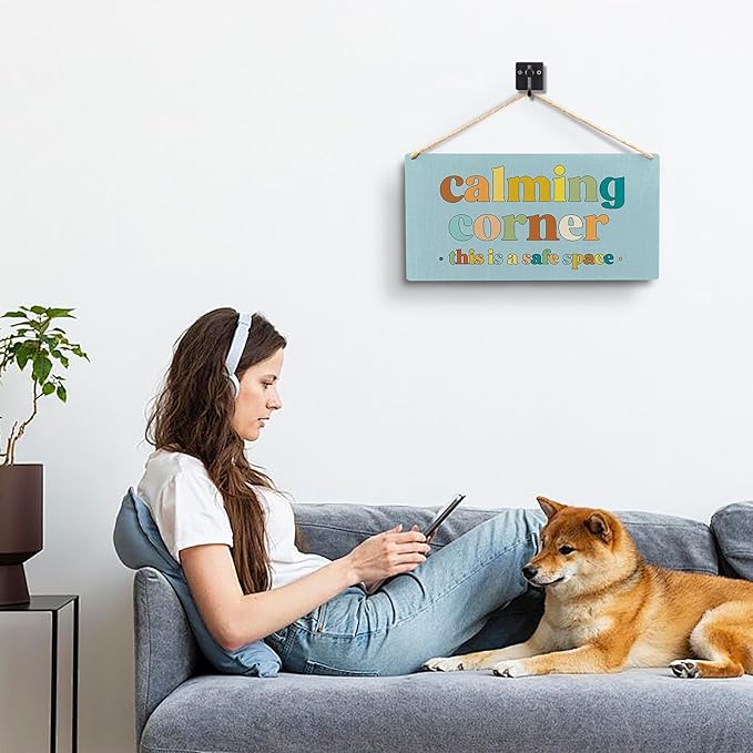 Calming Corner Hanging Wood Sign - Safe Space Decor, Calm Down Corner Blue, 12x6