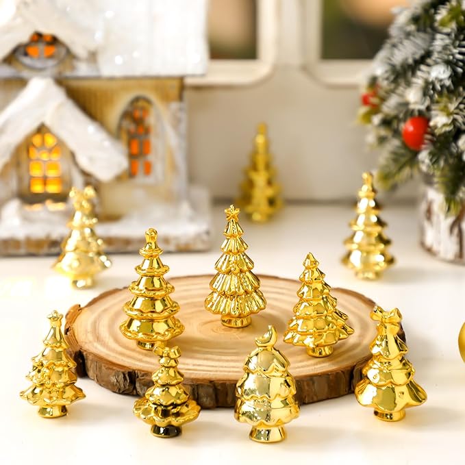 Thyle 140 Pcs Mini Golden Christmas Trees for Xmas Decorations Christmas Vase Filler Small Golden Xmas Tree Statue for Home Table Scatters Favor Vase Filler