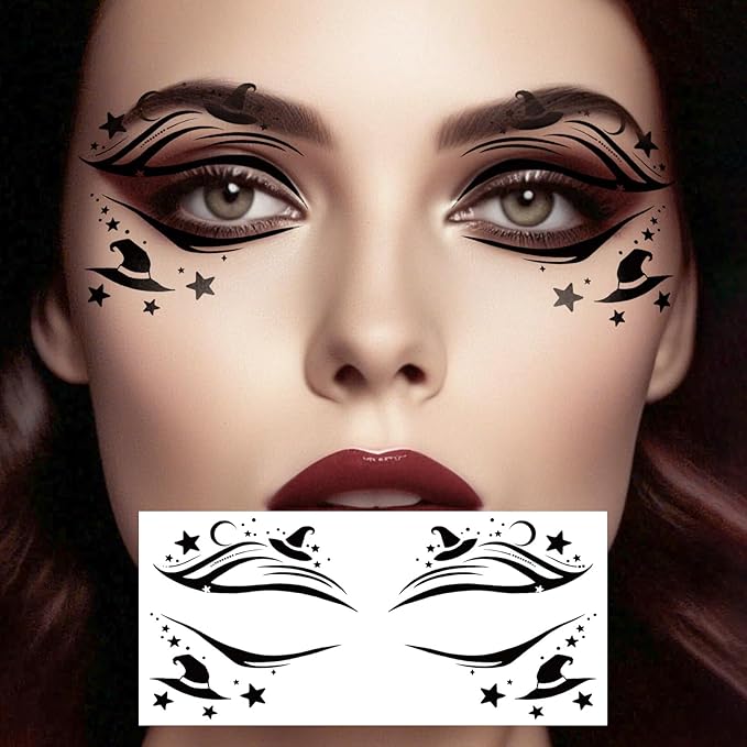 24pcs Halloween Face Temporary Tattoo, Upper & Lower Lash Designs Waterproof Fake Tattoos Stickers with Spooky Motifs for Men & Women Stage & Festive Looks & Cosplay Party Realistic Face Makeup