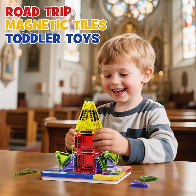 Mini Magnetic Tiles with Iron Case, Magnetic Building Toys Kid's Travel Essential Portable Creativity On-The-Go Magnet Blocks STEM Travel Toys for Toddler Boys Girls Ages 3+, 26-Piece