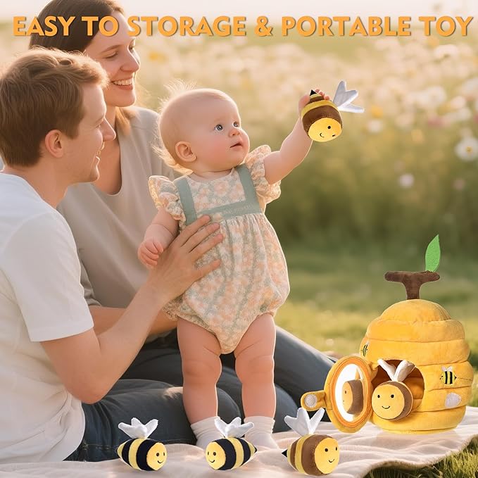 Baby Toys for 1 Year Old, Soft Beehive with 5 Stuffed Bees, Crinkle, Rattle, Mirror, Montessori Toys for One Year Old Birthday Gift, Babies Sensory Balls for 12-18 Month Baby