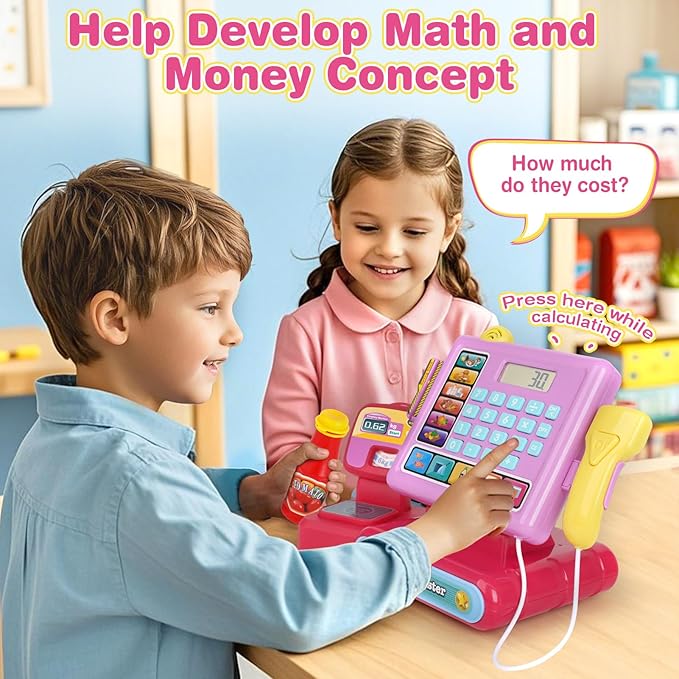 Dreamon Kids Cash Register Toy, Pretend Play Calculator Register Toys with Scanner, Apron, Credit Card, Play Food and Shopping Bag, Grocery Store Playset Preschool Gift for Kids Girls Age 3 4 5 6 7
