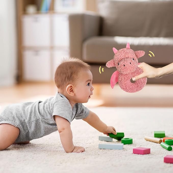 Baby Dragon Soft Rattle Toy, Plush Dinosaur Infant Shaker Rattle Easy-Grasp Stuffed Animal Toy, Gifts for Newborns Babies Toddlers Boys Girls, Pale Red, 6 Inches