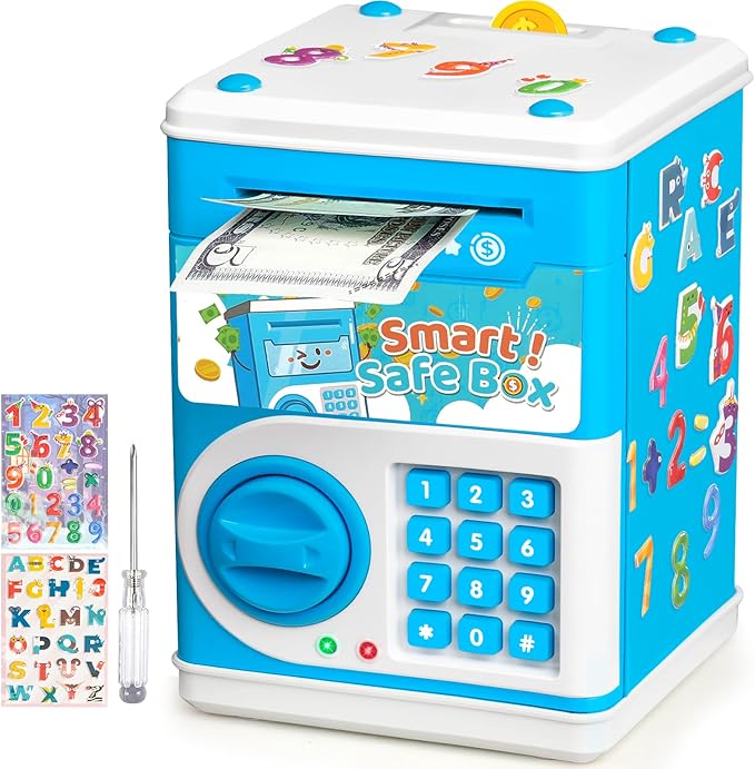 ATM Piggy Bank for Boys Girls, Vcertcpl Mini ATM Coin Bank Money Saving Box with Password Code, Kids Safe Money Jar for Real Money with Auto Grab Bill Slot, Great Gift Toy Bank for Kids (Blue)