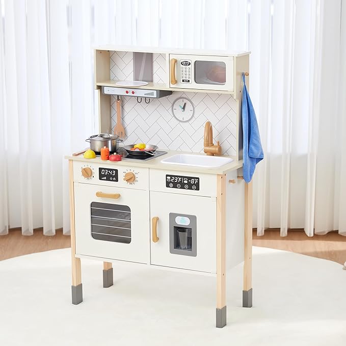 Freniland Wooden Play Kitchen, Kitchen Playset for Kids with Realistic Stove, Range Hood, Oven, Ice Maker, Microwave, Sink, with Light & Sound, 18 Accessories, Pretend Toy Kitchen, Gift for Ages 3+