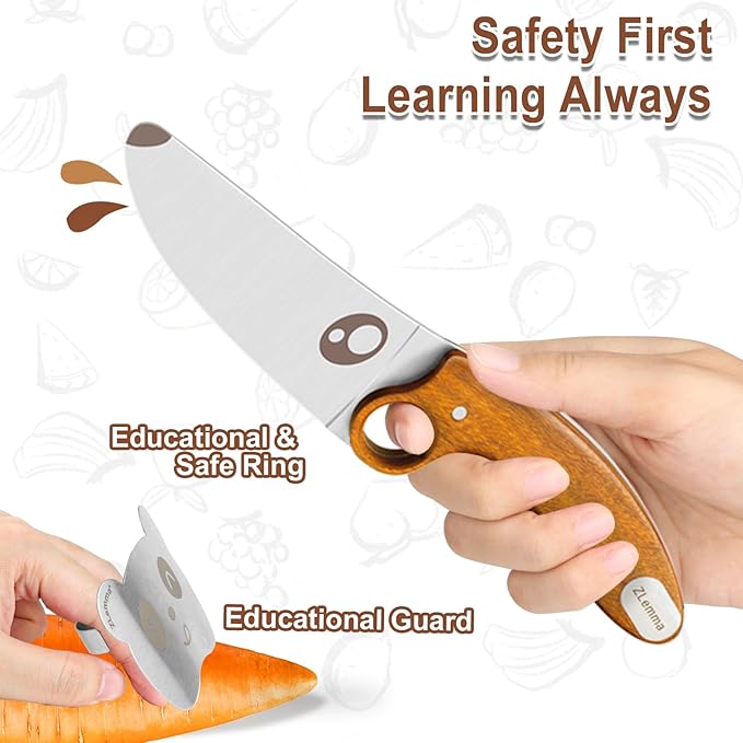 Kids Knife Set for Real Cooking with Sharped Blade for Children, Finger Guard & Educational Ring for Cutting Trainning, Rosewood Handle & Stainless Steel Blade Sharped Edge