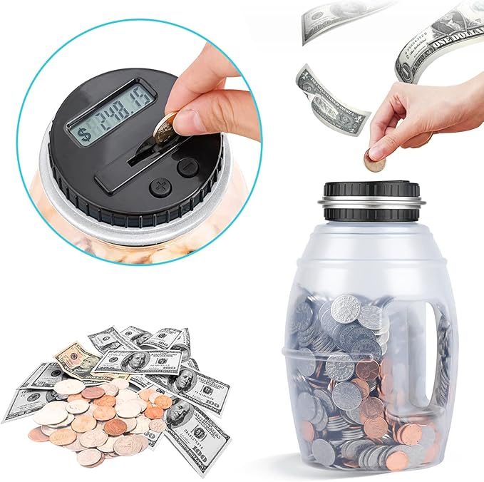 Large Digital Coin Bank for Kids and Adults - LCD Counter, 2.8L Capacity for US Coins (Silver)