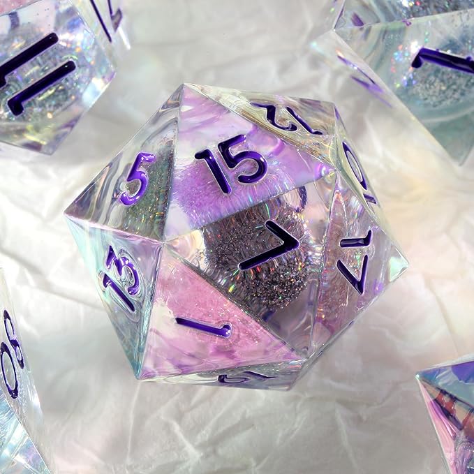 Sharp Edge Dice with Iridescent Plating, DNDND Handmade Liquid Core Resin D&D Dice Set with Dragon Metal Gift Case for Dungeons and Dragon Tabletop Games (Iridescent Plating Liquid)