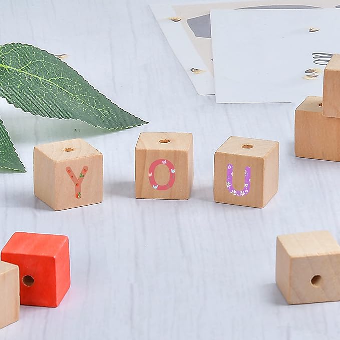 Supkiir Wood Craft Cubes, 100PCS Small Wooden Holes Craft Blocks, Unfinished, 0.63"-16mm Cubic