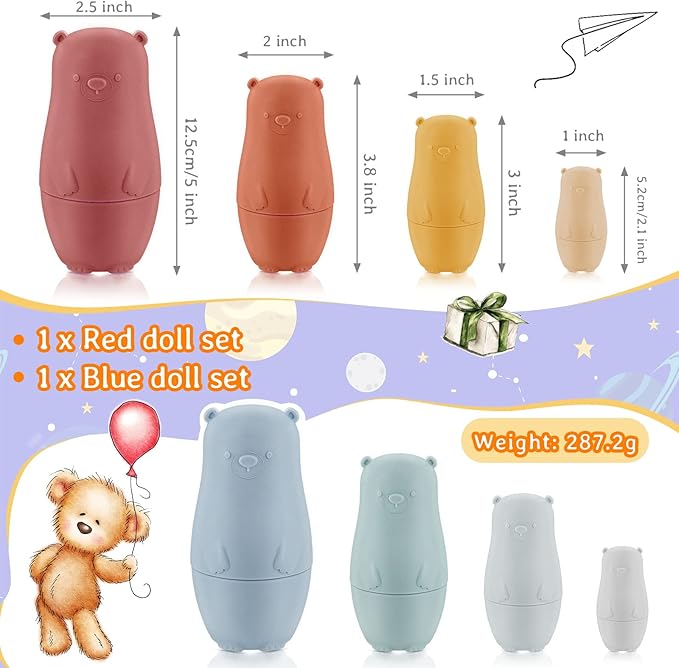 Chivao 8 Pieces Russian Nesting Dolls Silicone Matryoshka Doll Educational Stacking Nesting Dolls for Toddlers Vivid Food Grade Baby Teether for Kids, Gift for Kids(Bear)