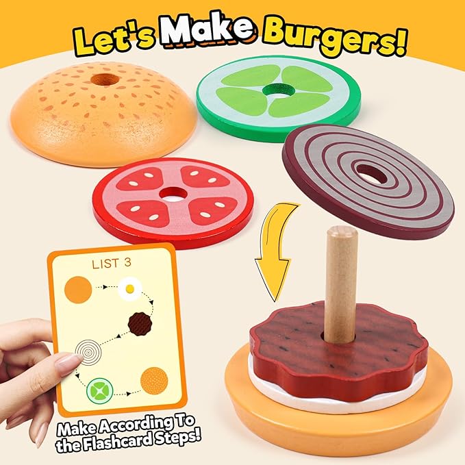 Kizh Wooden Burger Sorting Stacking Toy for Toddlers - Preschool Montessori Educational Fine Motor Toys for Kids Boys Girls