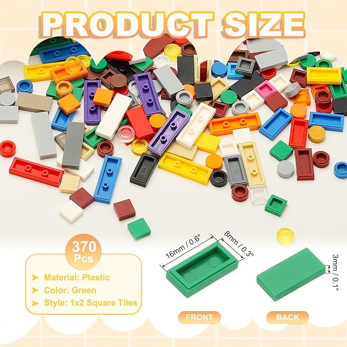 PATIKIL 370 Pcs Flat Blocks Bulk, 1x2 Square Green Classic Tiles Smooth Surface Mini Building Blocks Accessories Compatible Bricks Kits for Building Floor Walls Mosaic Pixel Arts