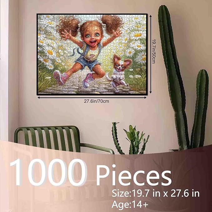 Tucocoo Cute Cartoon Girl Puzzle for Adults 1000 Piece, Puppy Running in Daisy Field, Whimsical Fantasy Art Jigsaw, Fun and Challenging Puzzles Gift for Women and Puzzle Enthusiasts, Home Wall Decor