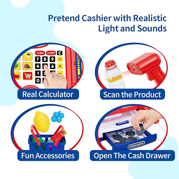 FS Toy Cash Register for Kids with Scanner, Play Money, Credit Card, Shopping Basket, Pretend Play Toys for Toddler 3-5-7 Years Old Boys and Girls Preschool Learning Activities, 57 Pieces Play Set
