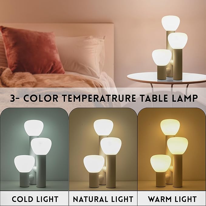 Modern 3-Light Table Lamp, White Metal Base, White Mushroom Shaped Glass Globes, 3 Color Temperatures, 16.5 inches Height,Portable Desk Lamp for Bedroom Living Room