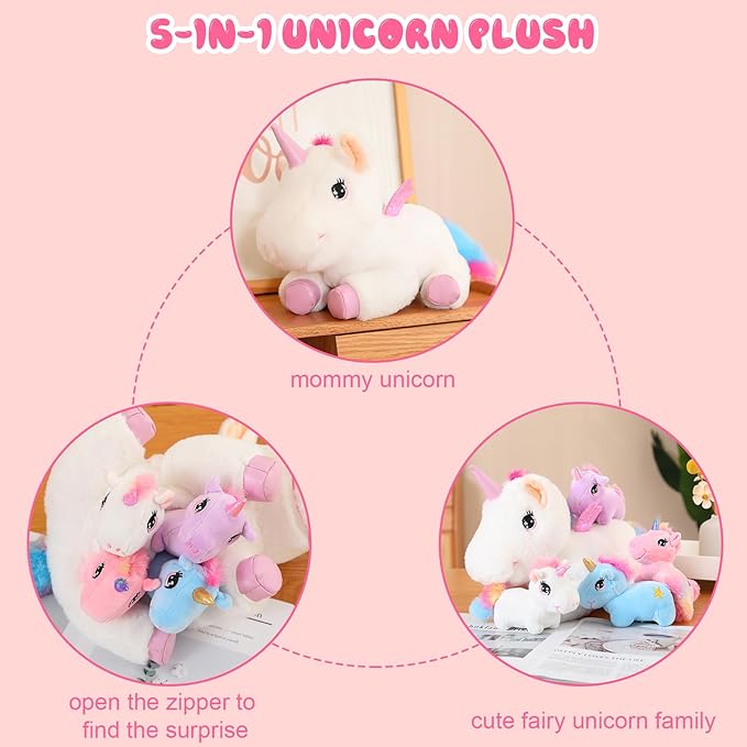 SQEQE Unicorn Toys Stuffed Animal 5 in 1, Plush Toy Rainbow Flying Unicorns with Wings for Christmas, Valentine's, Birthday Gifts, Plushies Unicorn Pillow with 4 Babies in Her Tummy for Girls Age 4-8