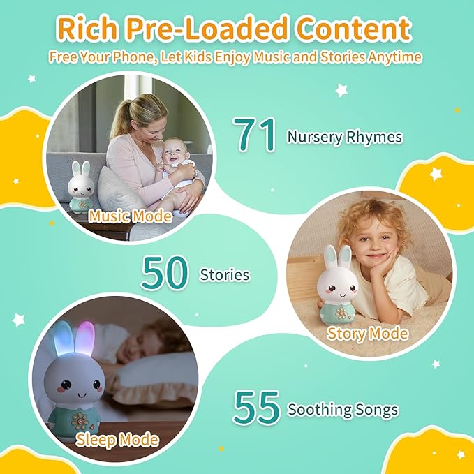alilo Honey Bunny Pro, Kids Music Player with Night Light, Bluetooth, Recorder, Preloaded 71 Nursery Rhymes, 50 Stories, 55 Soothing Music, Storytelling Toys Gifts for Toddlers Baby Boy Girl, Green