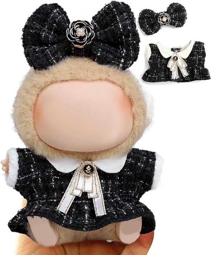 17cm Doll Clothes for Labubu - Luxury Chic Style Set for 17cm Dolls Outfit - Accessories for Dolls Clothes -Black Plaid Tweed Dress + White Necktie + Black Bow (No Doll)