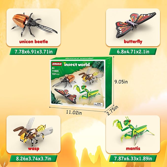 Insect Collection Building Block Set for Kids 6+, Butterfly Mantis Wasps Unicon Beetle Display Models for Nature Décor, 4 Packs Bug Building Toys, Fun Gift for Adults Boys Girls Nature Lovers (727PCS)